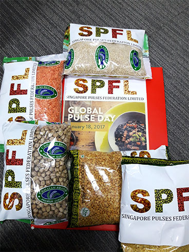 Packs of various pulses labeled with Singapore Pulses Federation Limited and Global Pulse Day