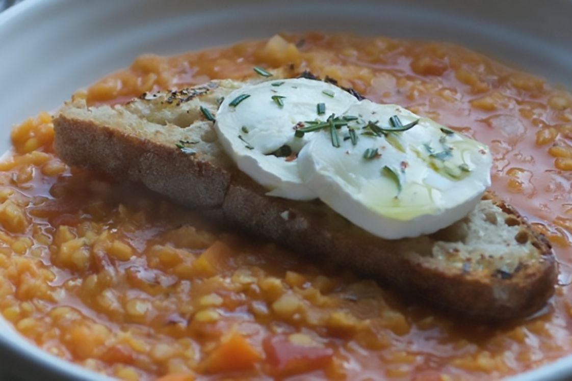 Red Lentil, Tomato & Rosemary Soup with Goat's Cheese Toastie