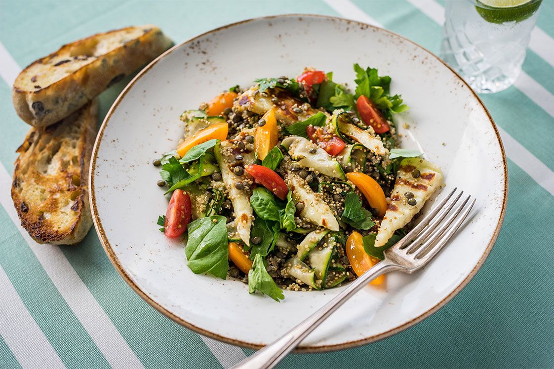 Zucchini, Halloumi, Tomato and Healthy Grain Salad