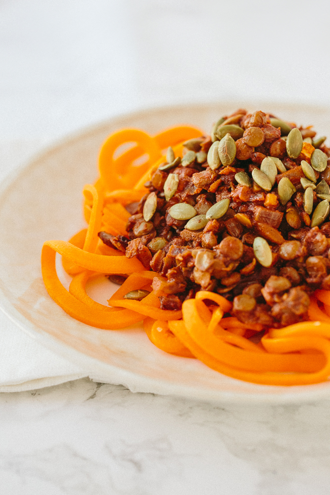 Spiralized Butternut Squash with Curried Lentils and Pumpkin Seeds