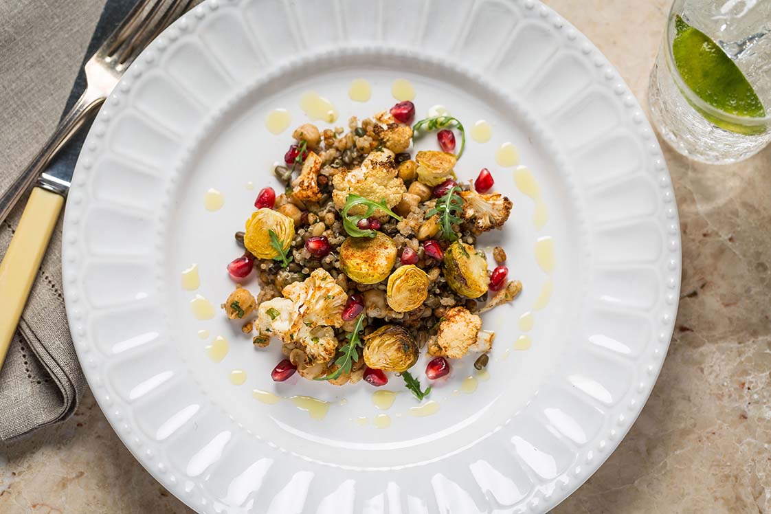 Quinoa, Black Lentil & Roasted Barley Salad With Chickpeas, Cauliflower, Brussels Sprouts & Pomegran