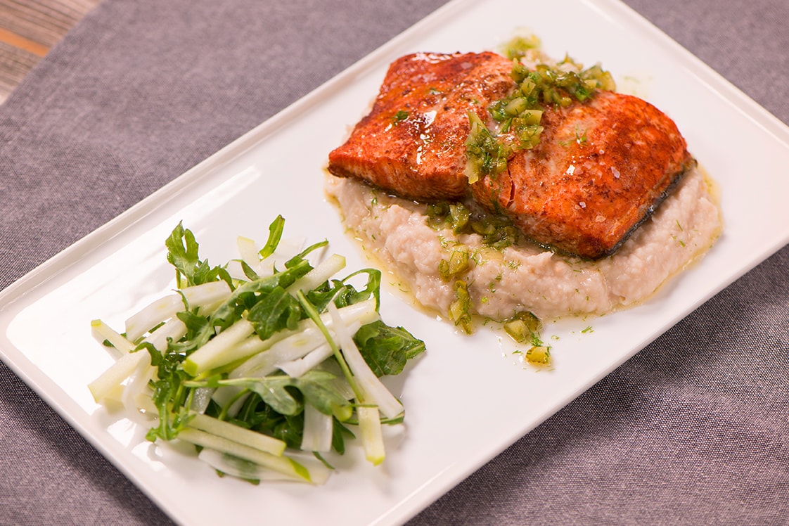 Salmon with White Bean Mash & Dill Sauce - Mains Recipe
