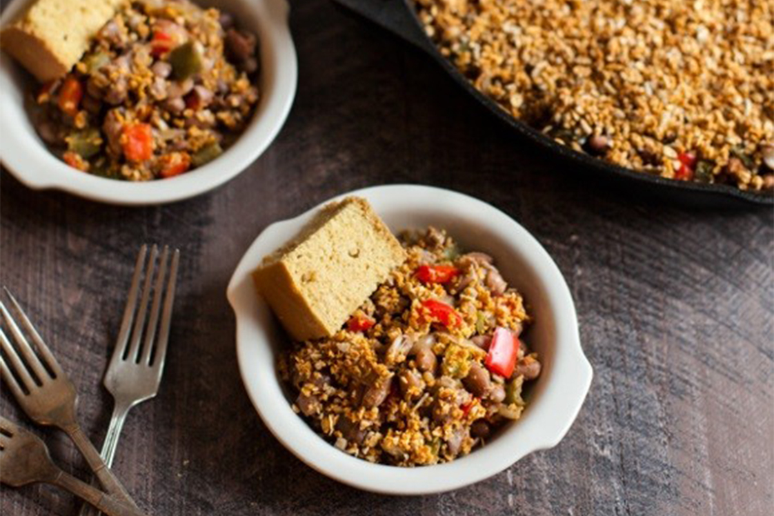 Pinto Bean Skillet Bake with Spicy Sunflower Oat Topping - Gourmet Gurus, Mains Recipe