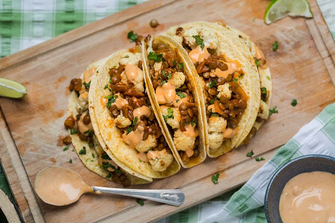 Roasted Cauliflower and Seasoned Lentil Tacos
