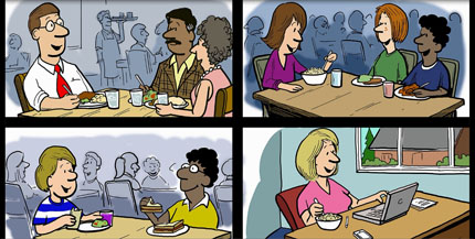 Four illustrative panels from a comic displaying groups of people eating dry beans, peas and lentils (pulses).