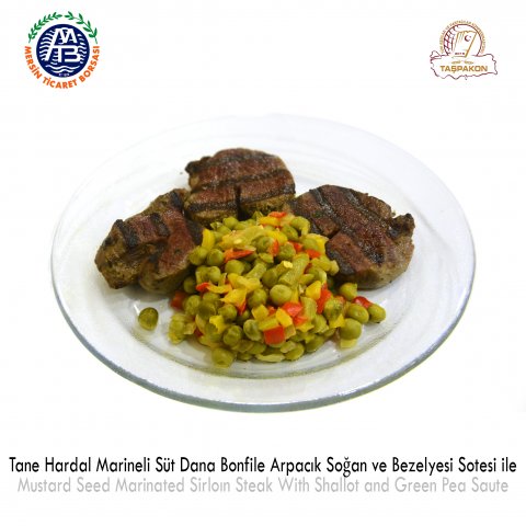 Mustard Seed Marinated Sirloin Steak with Shallot and Green Pea Saute