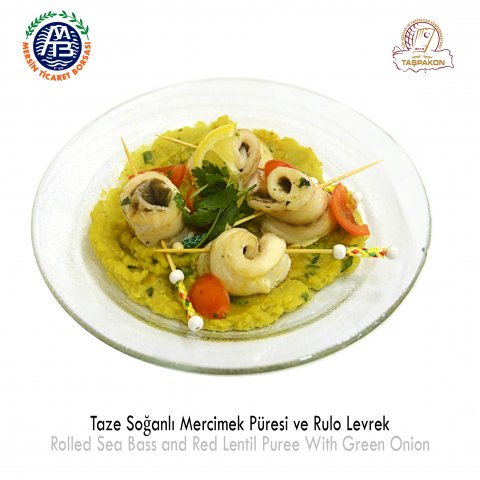 Rolled Sea Bass and Red Lentil Puree with Green Onion