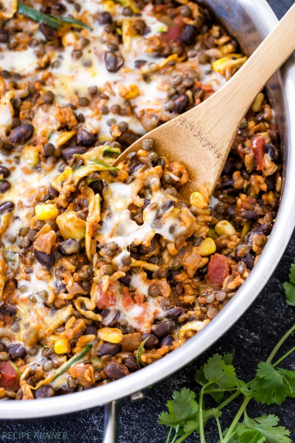 One Pot Cheesy Mexican Lentils with Black Beans and Rice - Half Cup Habit