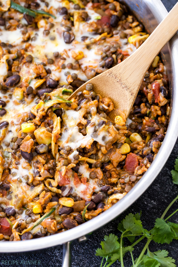 One Pot Cheesy Mexican Lentils with Black Beans and Rice - Half Cup Habit