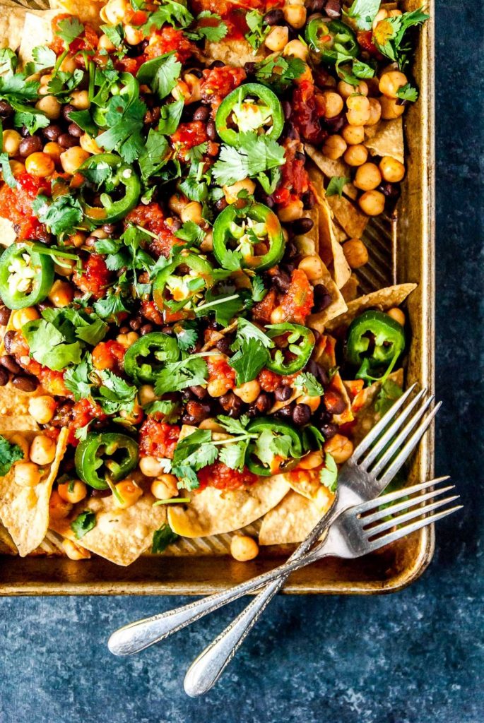 Loaded Vegan Nachos with Black Beans and Spicy Chickpeas - Half Cup Habit