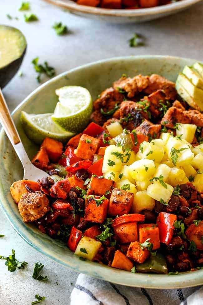 Cajun Chicken Black Bean Bowls With Avocado Sweet Potatoes And Pineapple Half Cup Habit