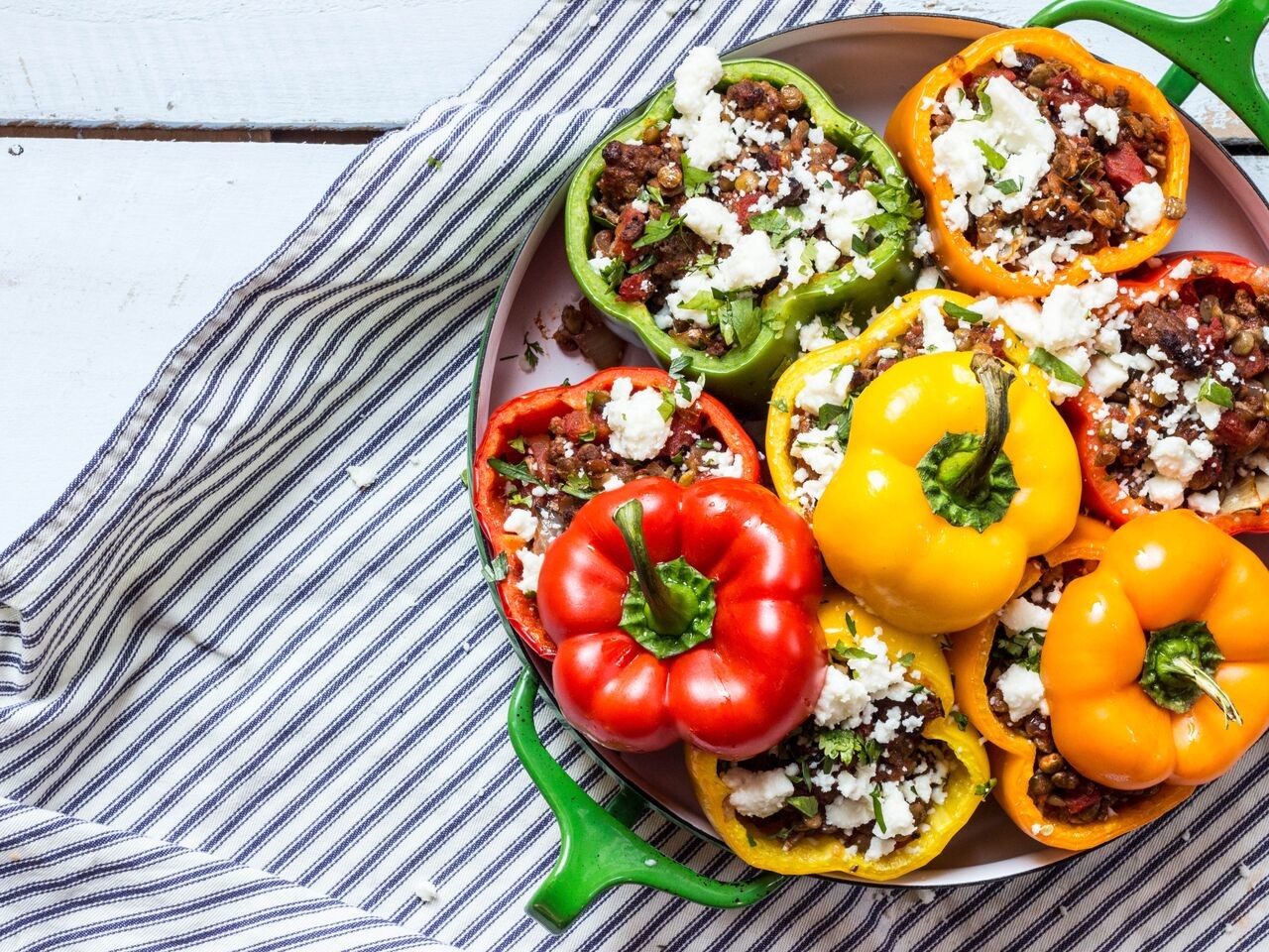 Stuffed Roasted Peppers with Lentils, Beef & Mushrooms