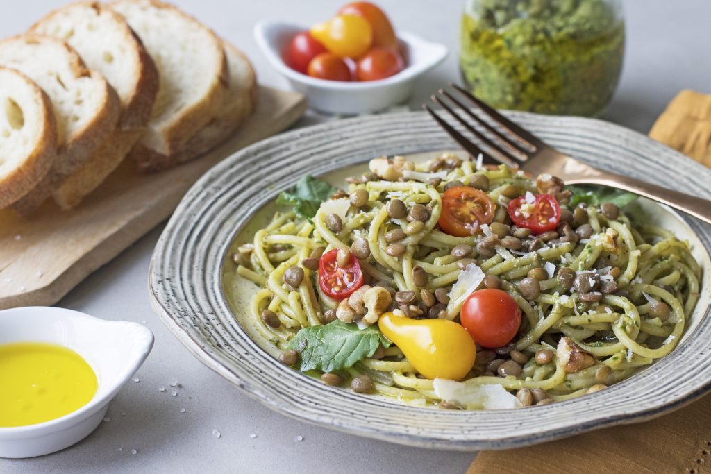 Lentil Walnut Pesto Pasta - Half Cup Habit