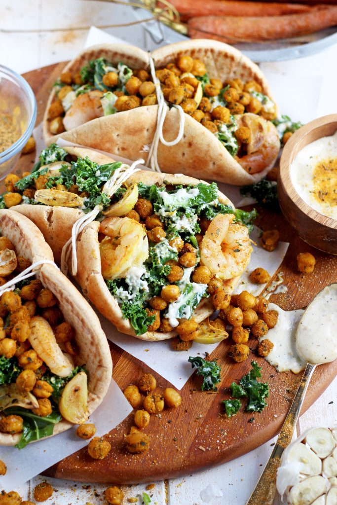 Roasted Chickpea and Garlic Caesar Salad Pitas - Half Cup Habit