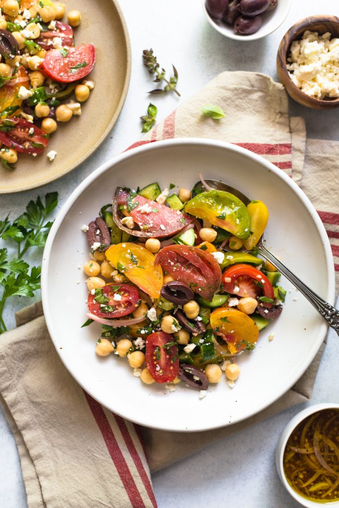 Greek Salad with Chickpeas and Heirloom Tomatoes - Half Cup Habit