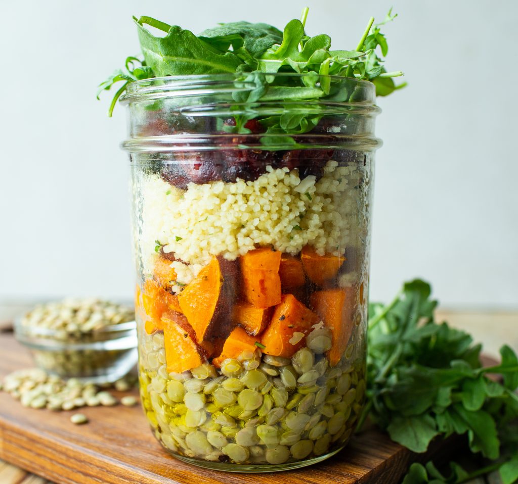 Sweet Potato and Lentil Mason Jar Salad - Half Cup Habit
