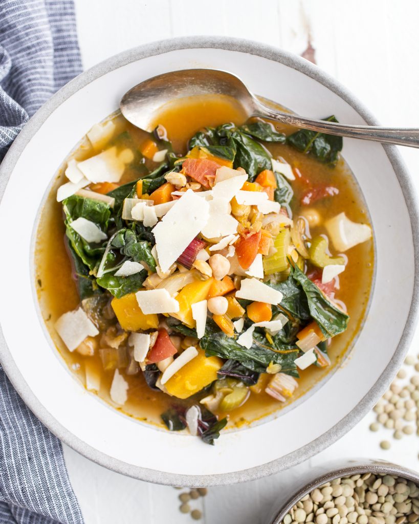 Winter Vegetable Soup with Swiss Chard, Lentils, and Chickpeas Half